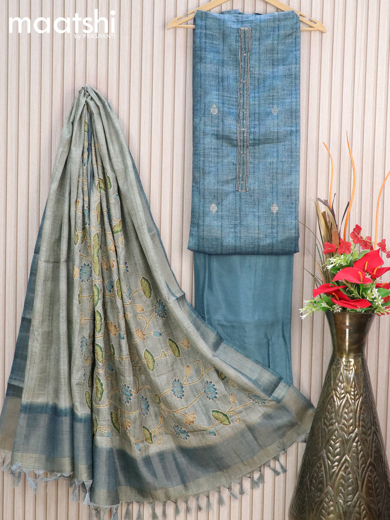 Chanderi dress material blue and grey with embroidery patch work neck pattern and bottom & kantha stitch work dupatta