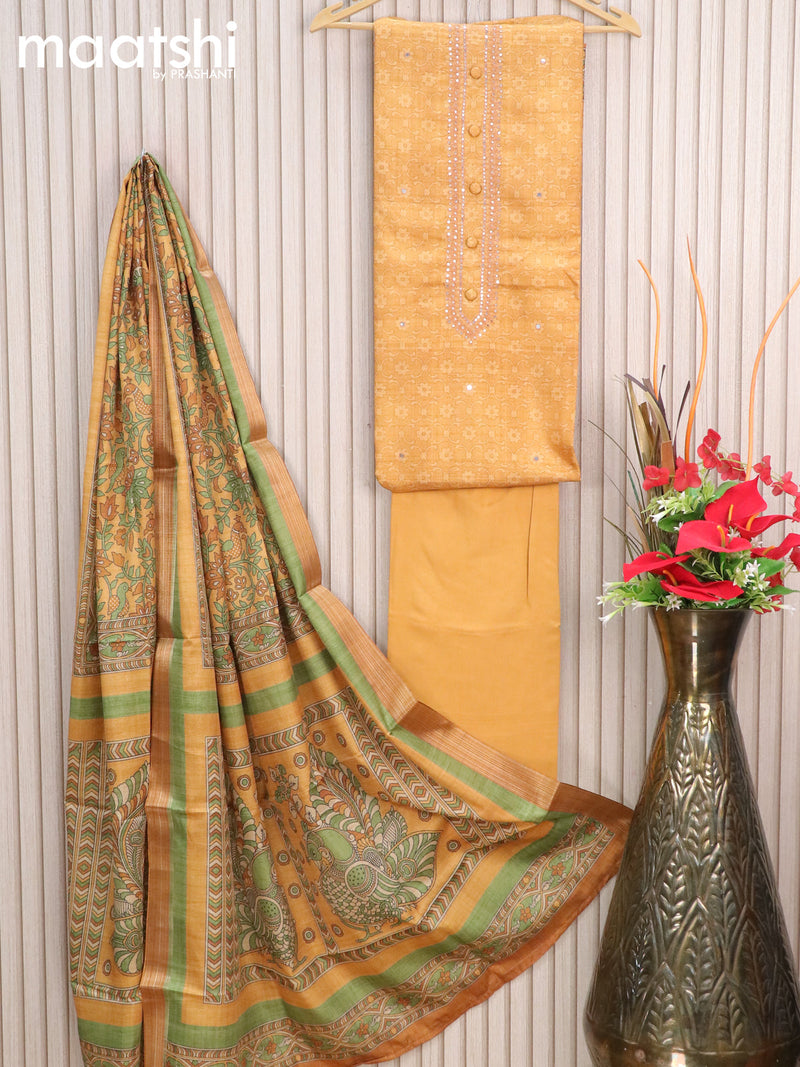 Chanderi dress material mustard yellow with allover prints & mirror work neck pattern and bottom & kalamkari printed dupatta