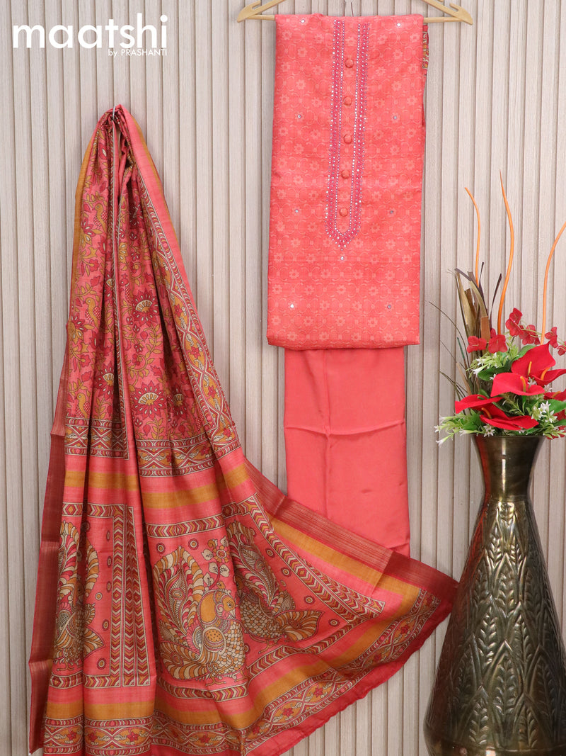 Semi tussar dress material peach shade with allover prints & mirror work neck pattern and botom & kalamkari printed dupatta
