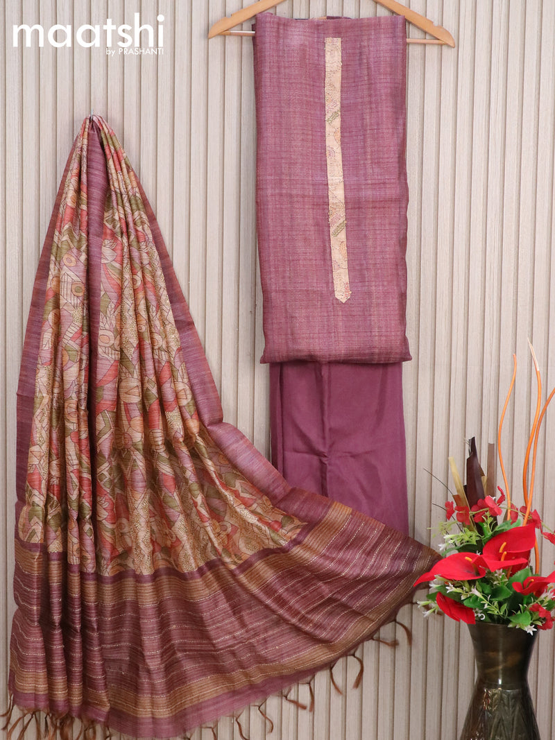 Chanderi dress material purple shade and beige with embroidery patch work neck pattern and bottom & kantha stitch work dupatta