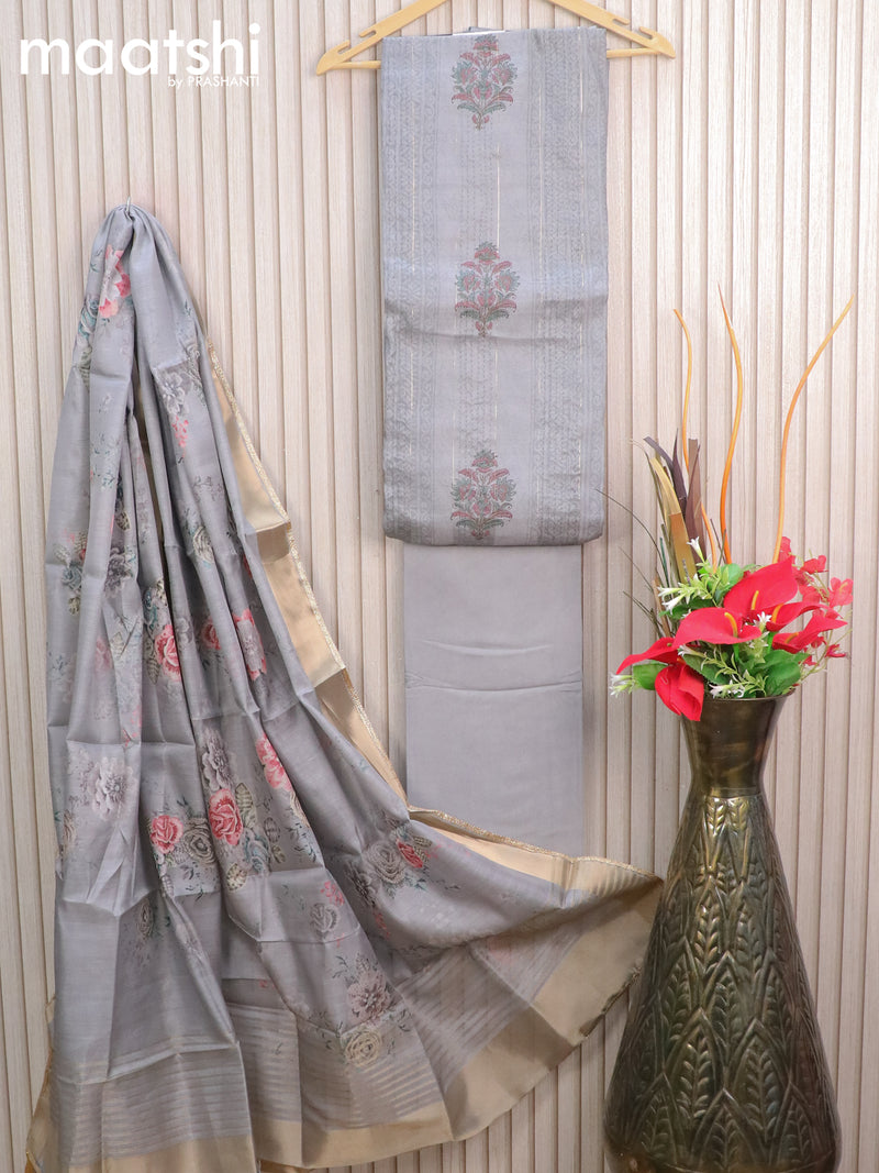 Chanderi dress material grey with allover prints & thread weaves and bottom & printed dupatta