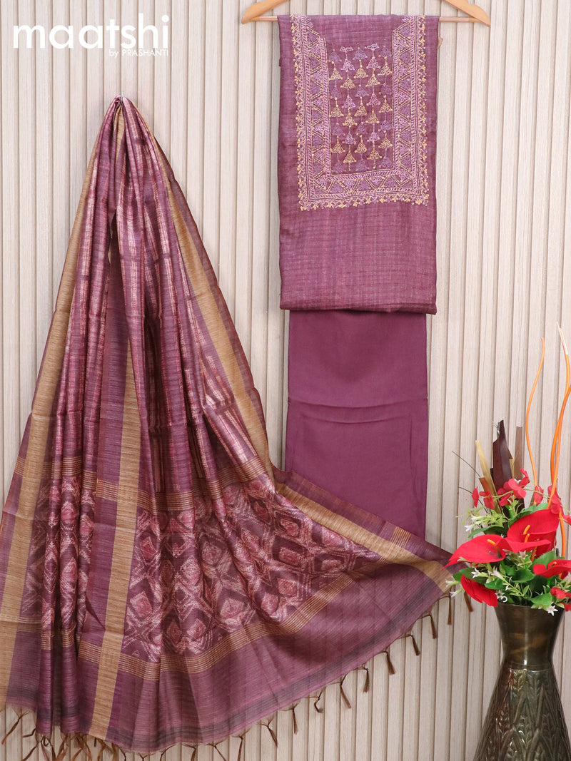 Chanderi dress material purple with embroidery sequin work neck pattern and bottom & dupatta