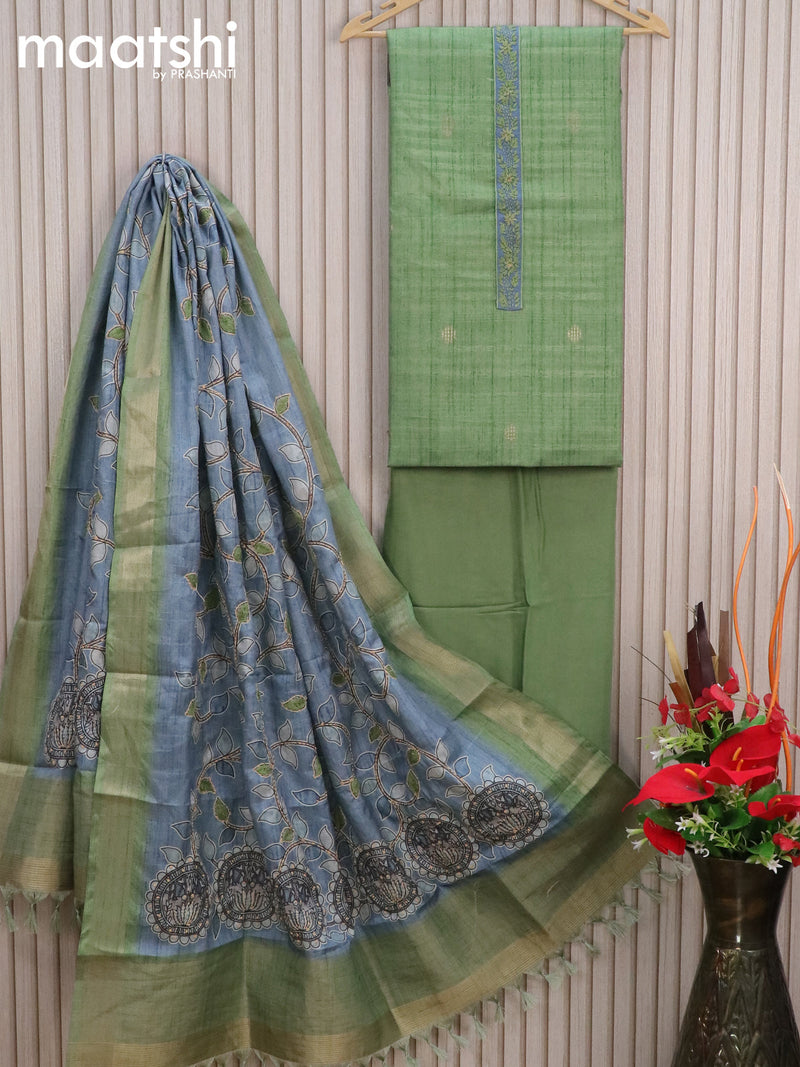 Chanderi dress material green and greyish blue with zari buttas & embroidery patch work neck pattern and bottom & prints embroidery work dupatta