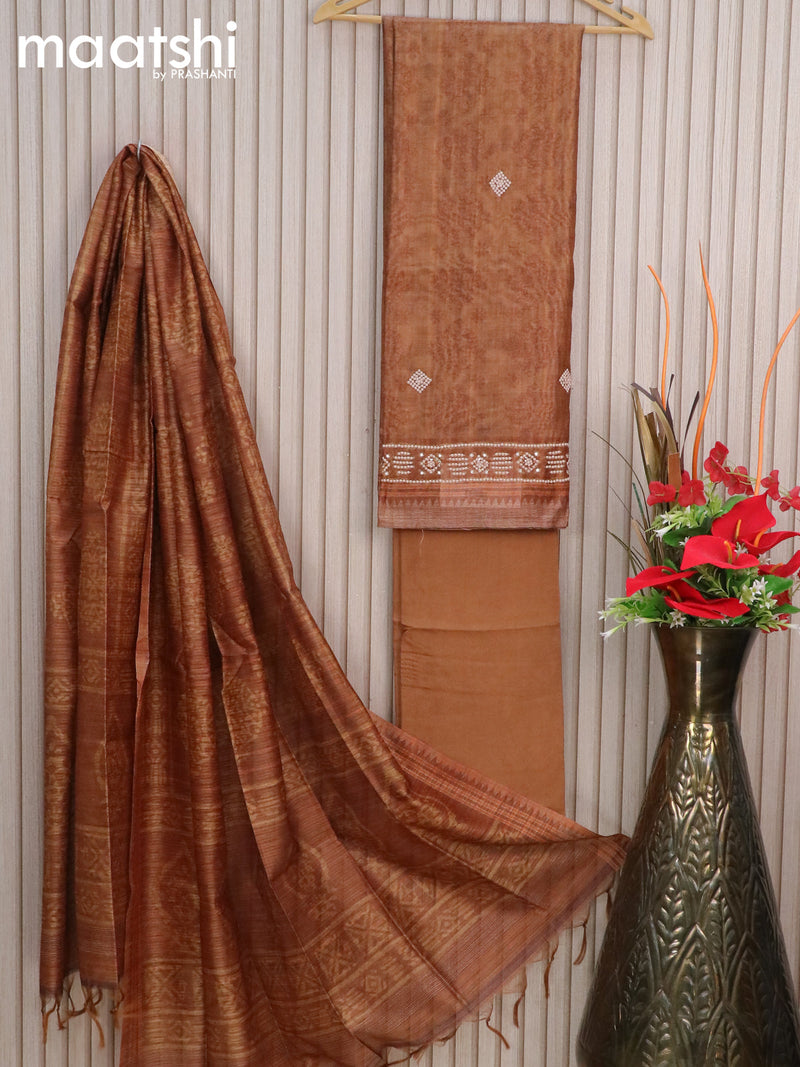 Chanderi dress material brown with sequin & mirror work and bottom & printed dupatta