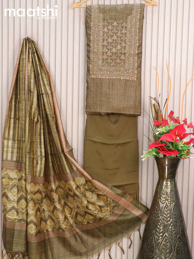 Chanderi dress material sap green with embroidery patch work neck pattern and bottom & printed dupatta