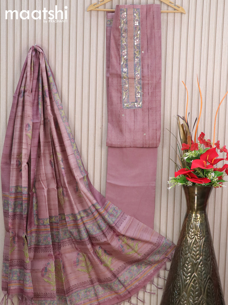 Semi tussar dress material pastel pink with mirror & patch work neck pattern and bottom & printed dupatta
