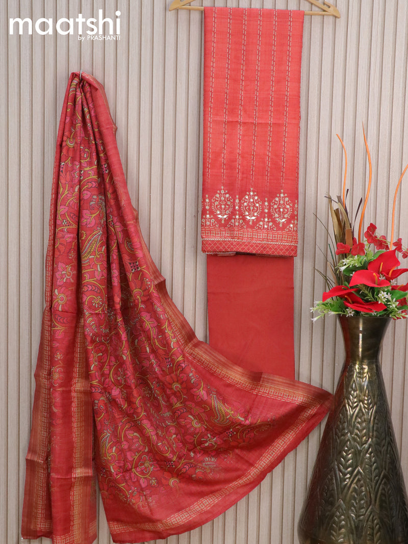 Semi tussar dress material maroon shade with prints & gottapatti lace work and bottom & kalamkari printed dupatta