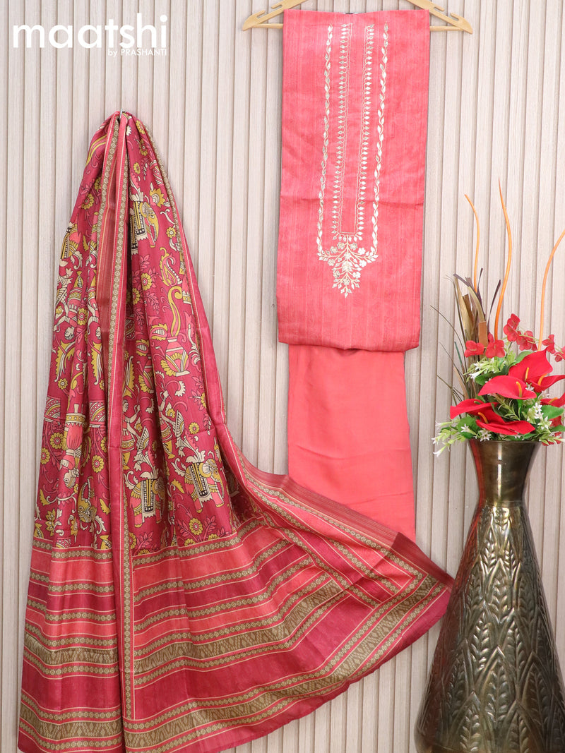 Semi tussar dress material pink shade with allover prints & gottapatti work neck pattern and bottom & kalamkari printed dupatta