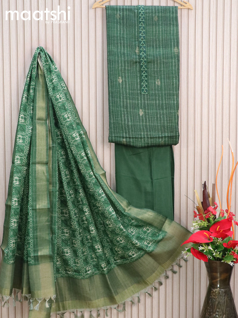 Semi tussar dress material green with zari buttas & embroidery patch work neck pattern and bottom & printed dupatta