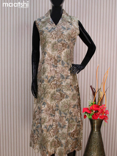 Rayon readymade A-line kurti military green with allover prints & collar neck pattern without pant - sleeves attached