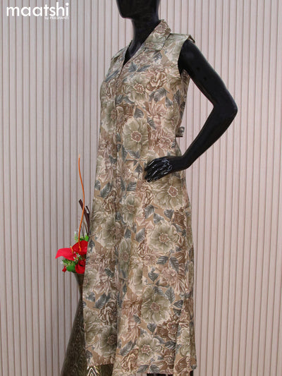 Rayon readymade A-line kurti military green with allover prints & collar neck pattern without pant - sleeves attached