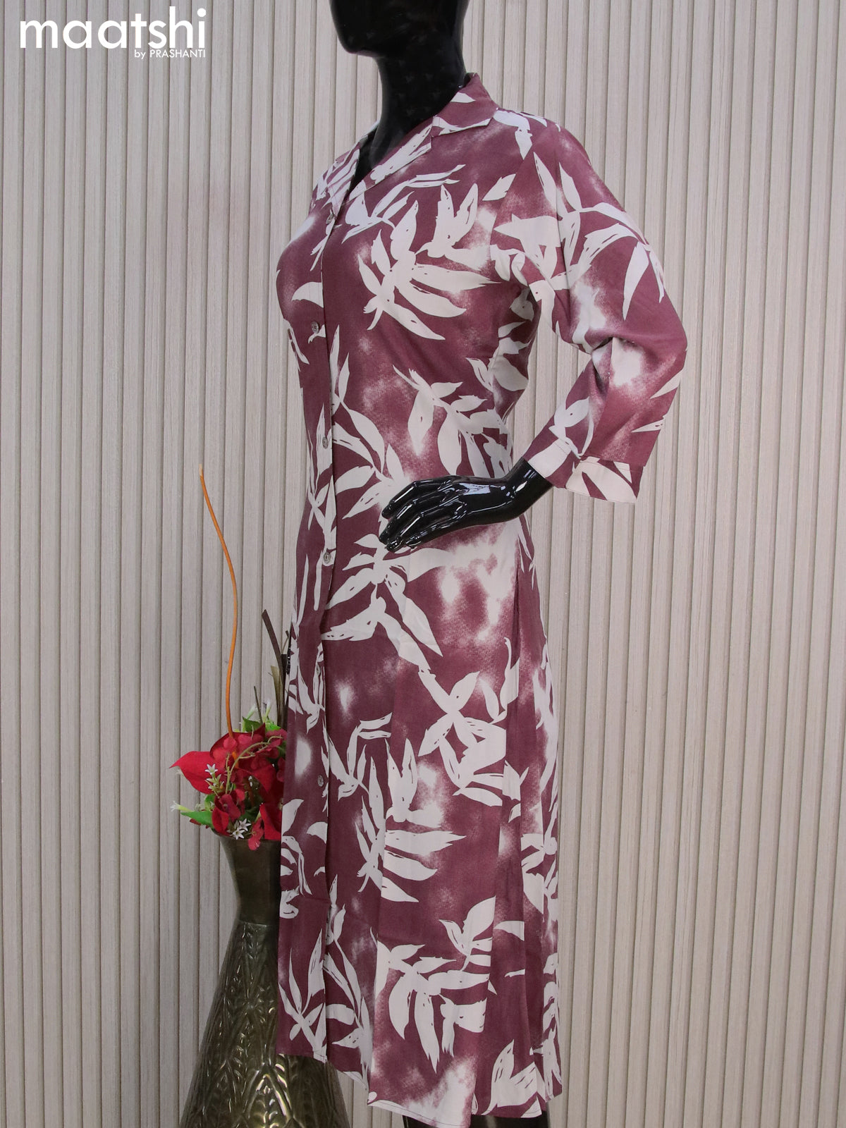 Rayon readymade A-line kurti dark maroon with allover prints & collar neck pattern without pant