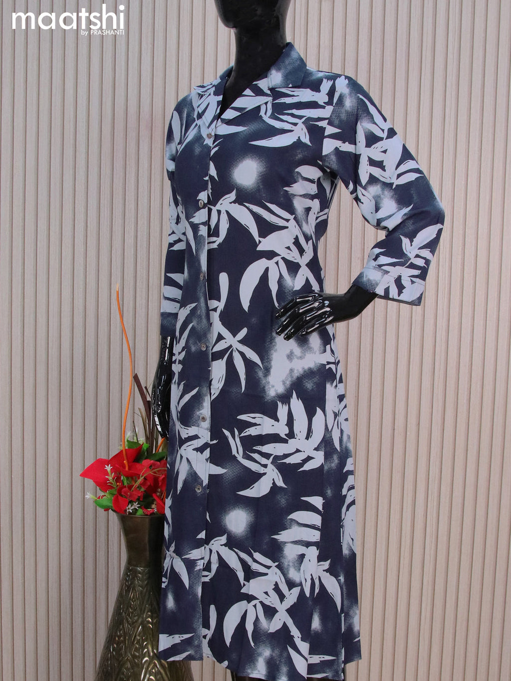 Rayon readymade A-line kurti blue with allover prints & collar neck pattern without pant