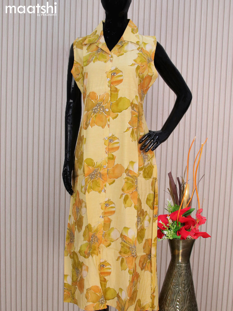 Rayon readymade A-line kurti yellow with allover prints & collar neck pattern without pant - sleeve attached
