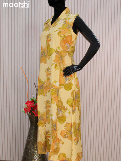 Rayon readymade A-line kurti yellow with allover prints & collar neck pattern without pant - sleeve attached