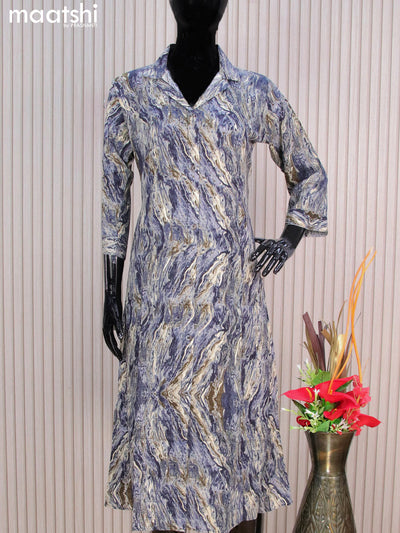Rayon readymade A-line kurti blue shade with allover prints & collar neck pattern without pant