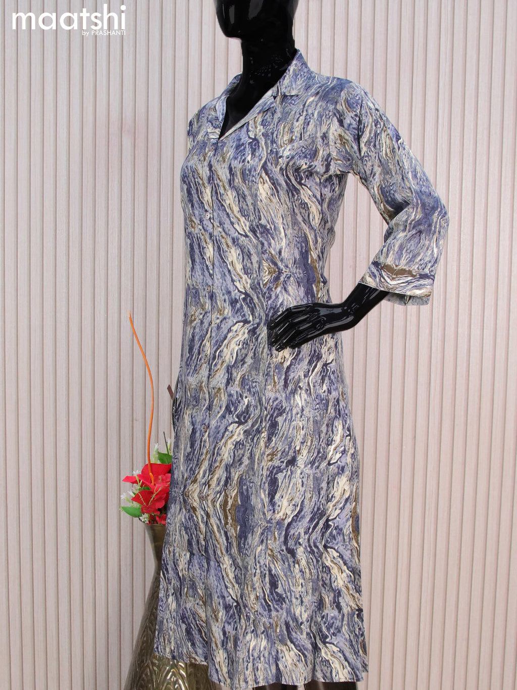 Rayon readymade A-line kurti blue shade with allover prints & collar neck pattern without pant