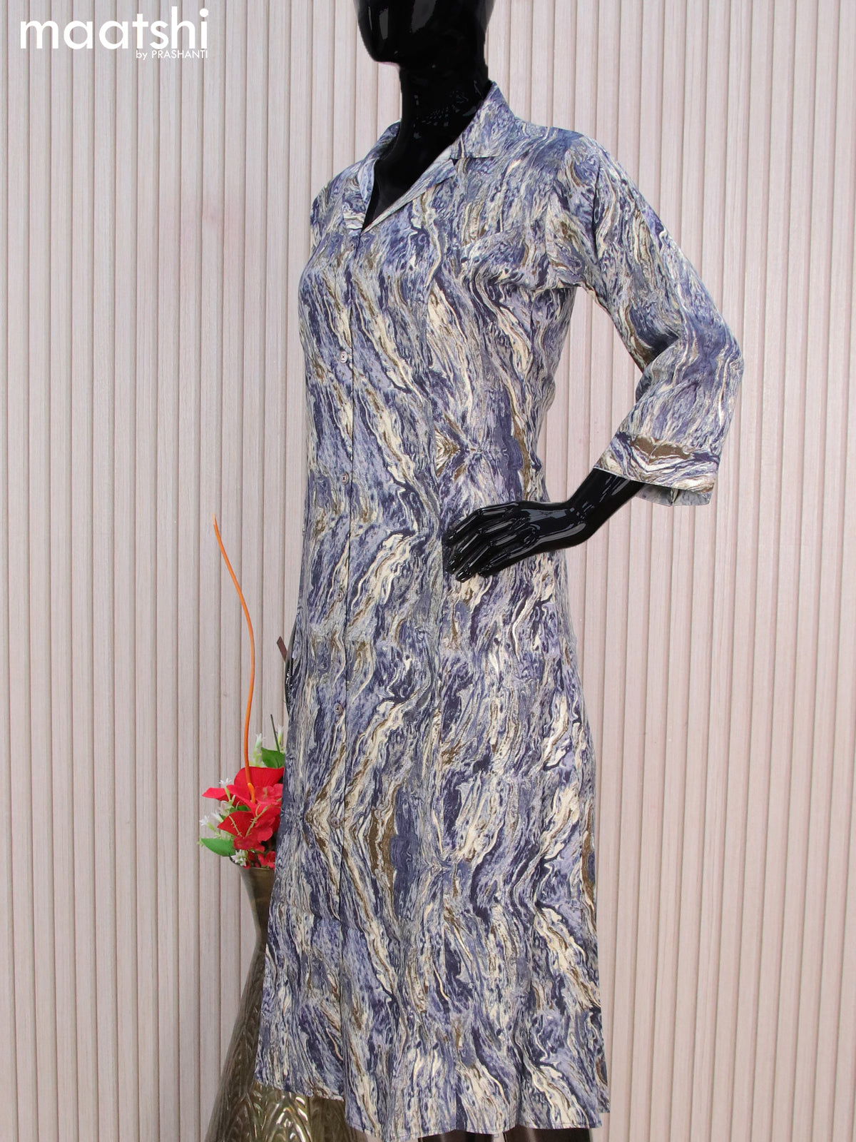 Rayon readymade A-line kurti blue shade with allover prints & collar neck pattern without pant