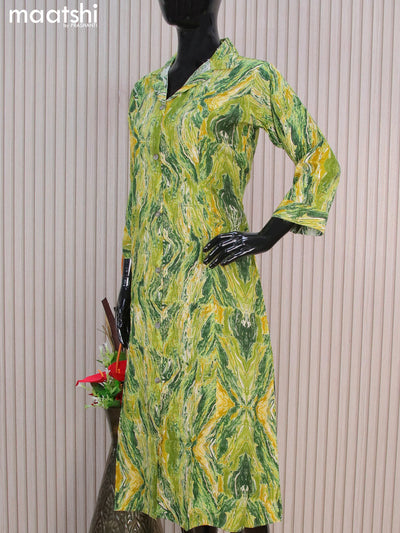 Rayon readymade A-line kurti green and mustard yellow with allover prints & collar neck pattern without pant