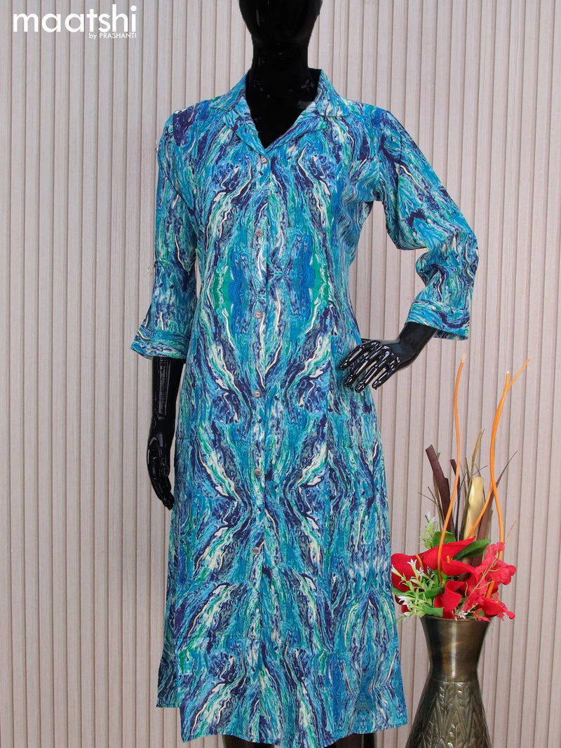 Rayon readymade A-line kurti blue and green with allover prints & collar neck pattern without pant
