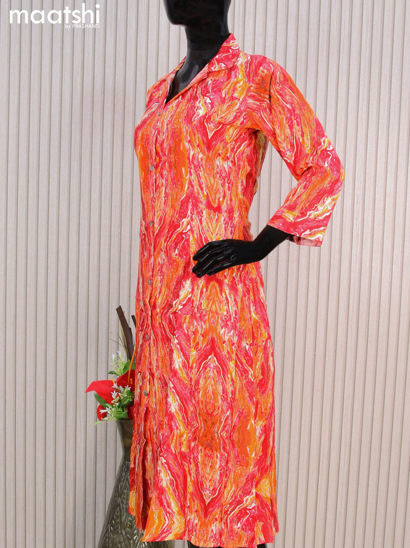 Rayon readymade A-line kurti orange and red with allover prints & collar neck pattern without pant