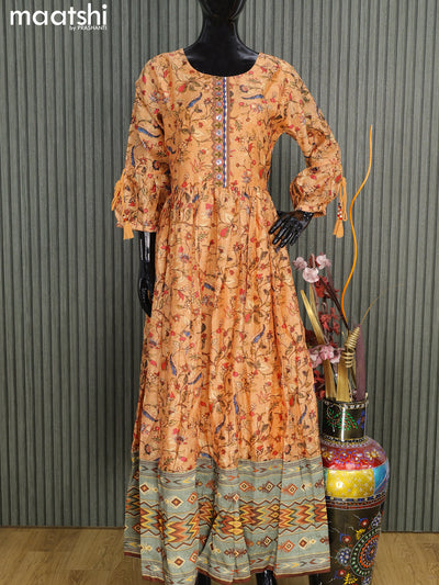 Chanderi readymade floor length kurti peach orange and pastel green with allover kalamkari prints & embroidery work neck pattern without pant