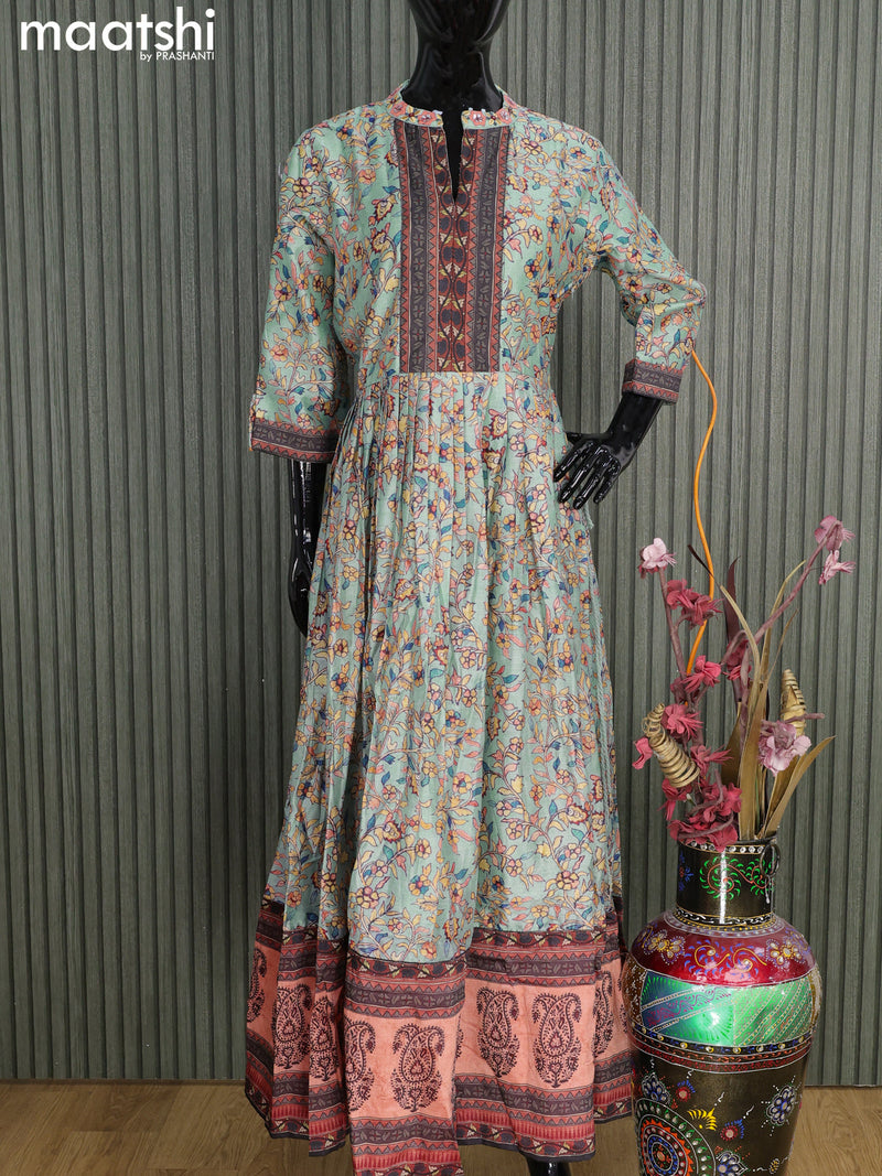 Chanderi readymade floor length kurti light blue shade and peach shade with allover kalamkari prints & embroidery work neck pattern without pant