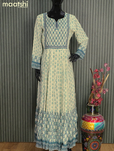 Muslin readymade floor length kurti cream and peacock blue with allover butta prints & sequin work neck pattern without pant