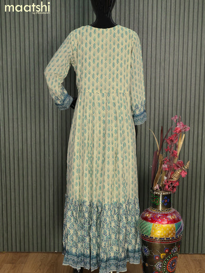 Muslin readymade floor length kurti cream and peacock blue with allover butta prints & sequin work neck pattern without pant