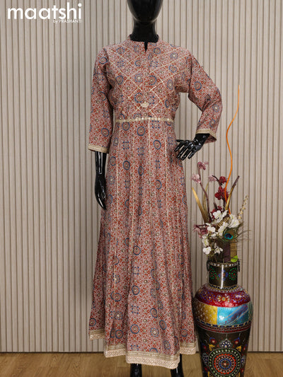 Muslin readymade floor length kurti rust shade with allover prints & simple neck pattern without pant