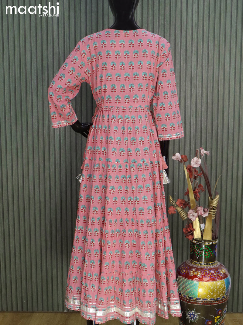 Cotton readymade floor length kurti light pink with floral butta prints & embroidery neck pattern without pant