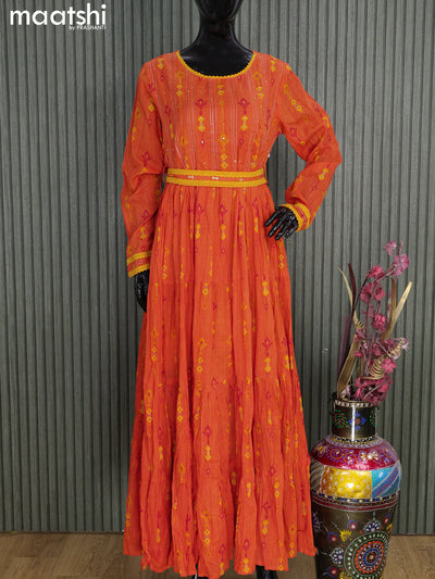 Cotton readymade floor length kurti orange with allover prints & sequin work neck pattern without pant