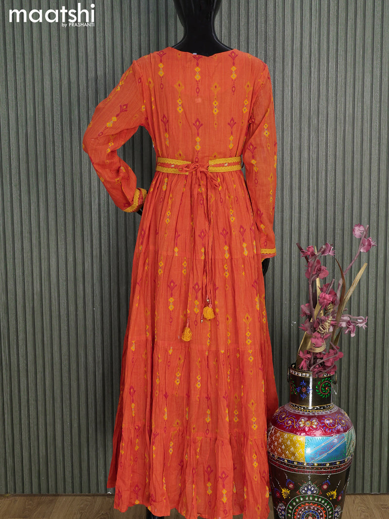 Cotton readymade floor length kurti orange with allover prints & sequin work neck pattern without pant