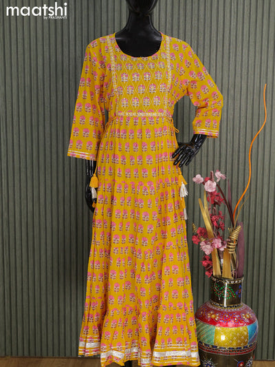 Cotton readymade floor length kurti yellow with floral butta prints & embroidery neck pattern without pant