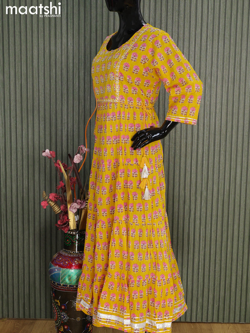 Cotton readymade floor length kurti yellow with floral butta prints & embroidery neck pattern without pant