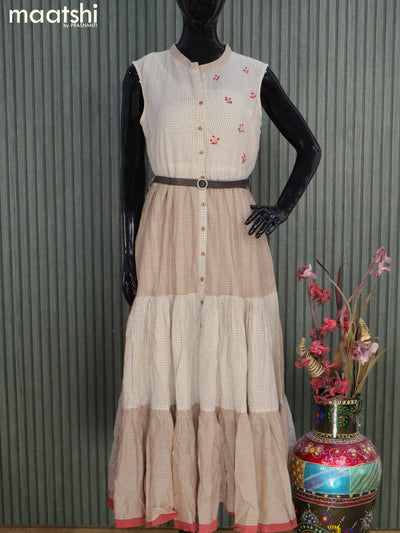 Cotton readymade dress off white with allover checked pattern & embroidery floral work buttas and hip belt
