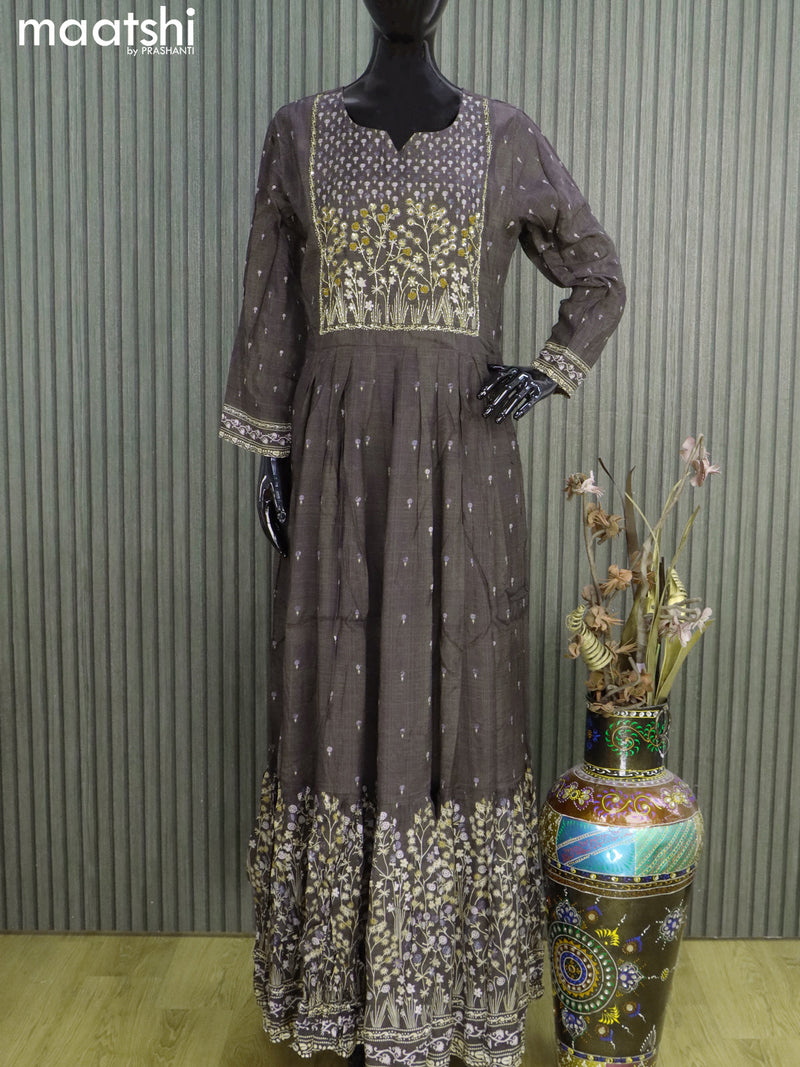 Muslin readymade floor length kurti dark grey with allover prints & embroidery zardosi work neck pattern without pant