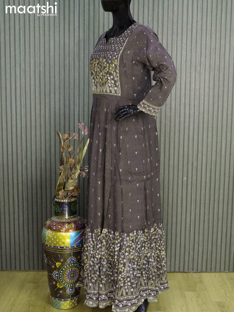 Muslin readymade floor length kurti dark grey with allover prints & embroidery zardosi work neck pattern without pant