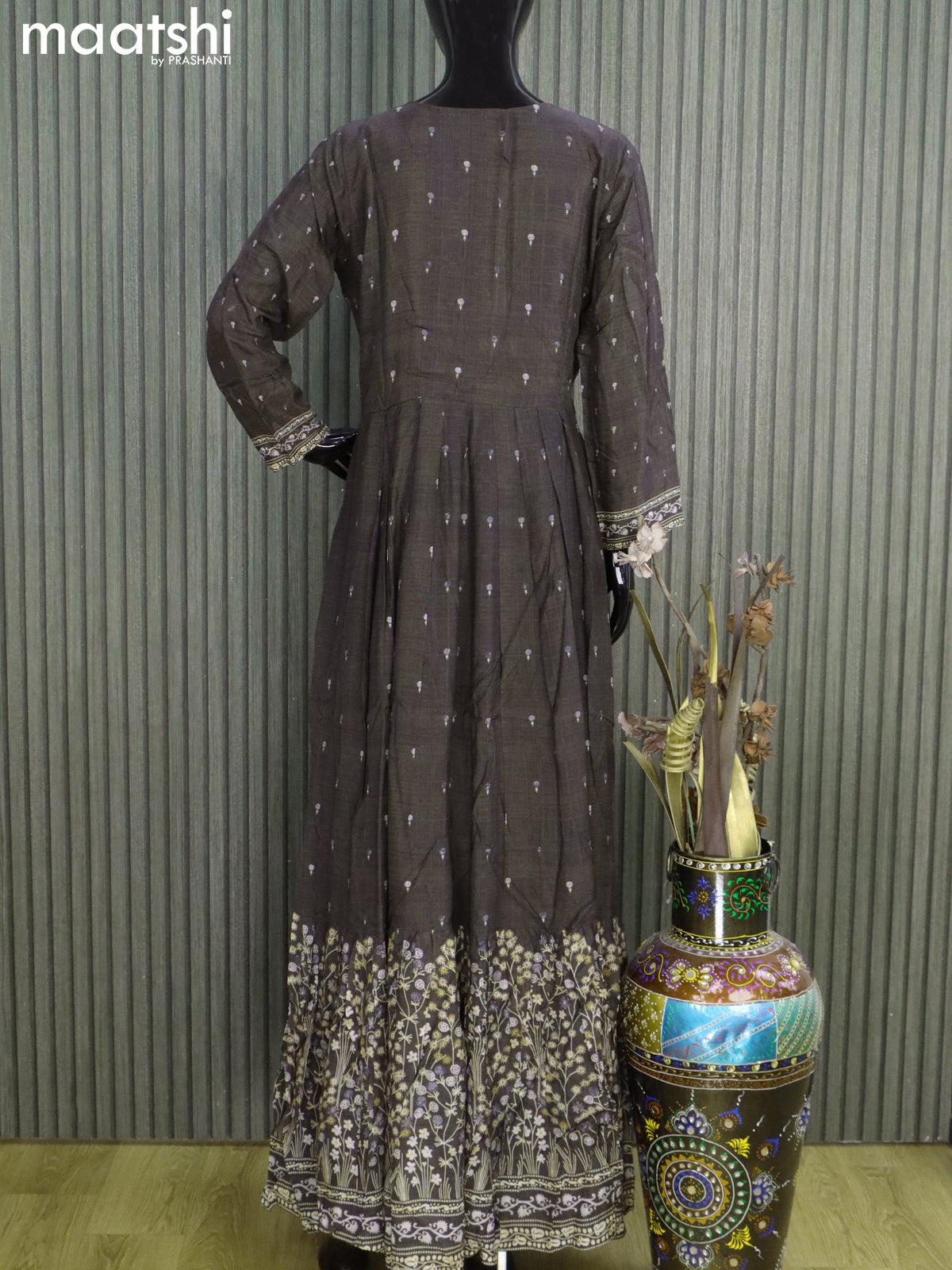 Muslin readymade floor length kurti dark grey with allover prints & embroidery zardosi work neck pattern without pant