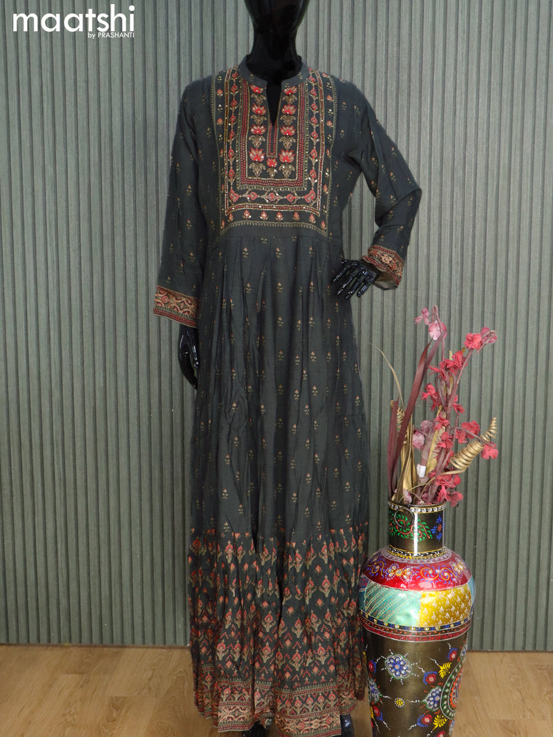 Muslin readymade floor length kurti elephant grey with allover prints & embroidery sequin work neck pattern without pant