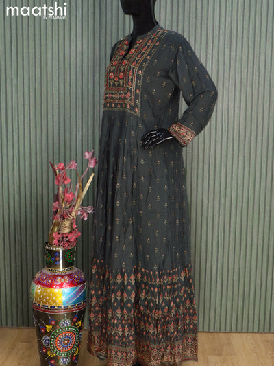 Muslin readymade floor length kurti elephant grey with allover prints & embroidery sequin work neck pattern without pant