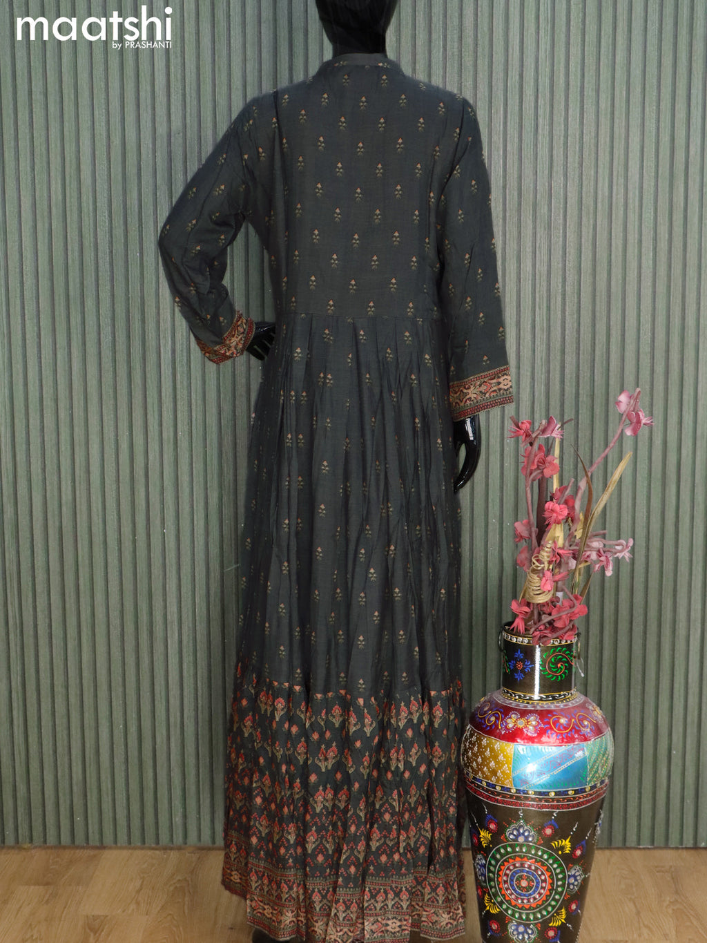 Muslin readymade floor length kurti elephant grey with allover prints & embroidery sequin work neck pattern without pant