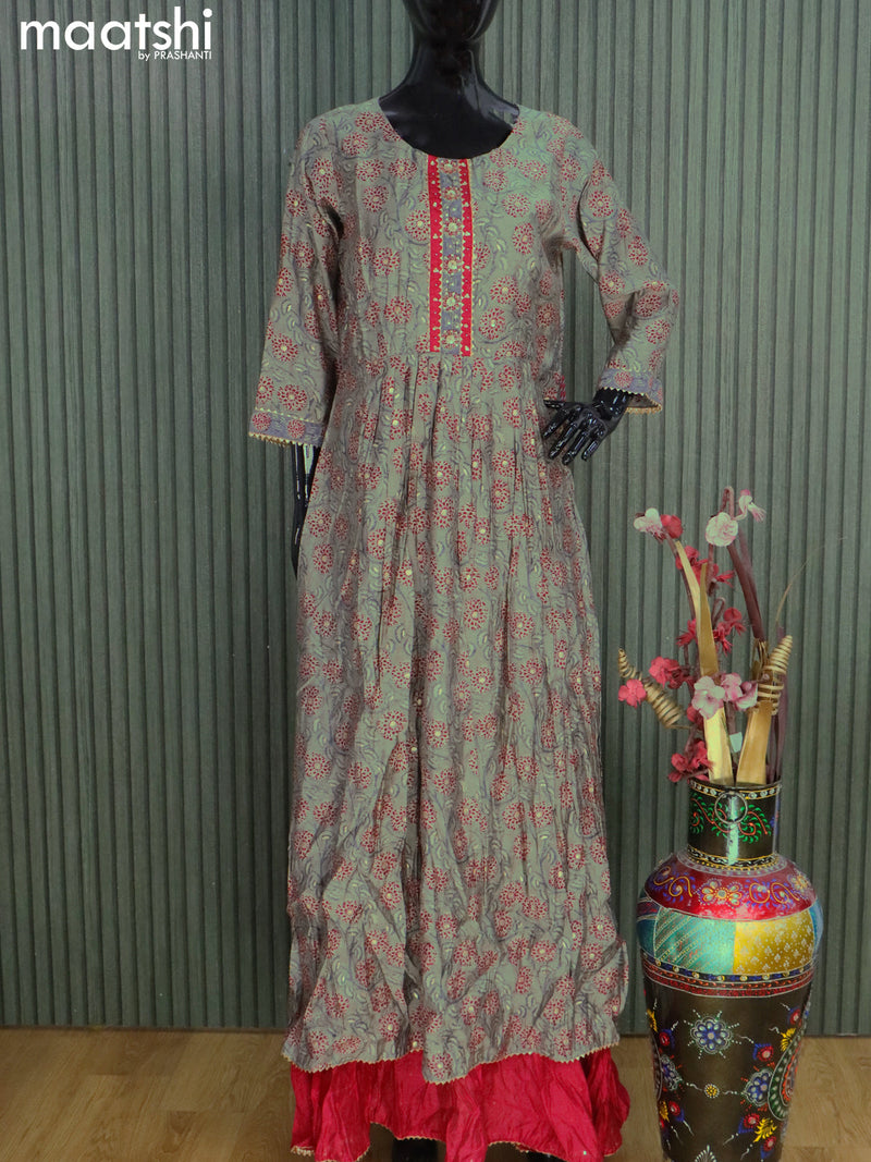 Modal readymade floor length kurti grey and maroon with allover prints & sequin beaded work neck pattern without pant