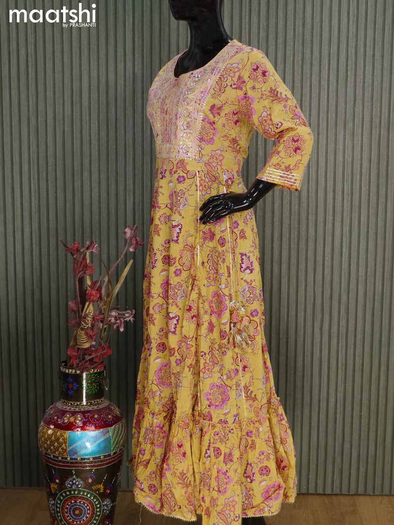Cotton readymade floor length kurti yellow with allover floral prints & sequin embroidery work neck pattern without pant