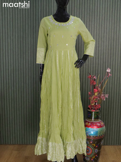 Cotton readymade floor length kurti pista green with mirror work neck pattern without pant