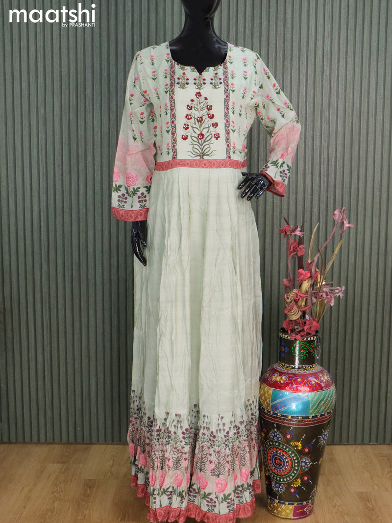 Muslin readymade floor length kurti pastel green with floral prints & sequin embroidery work neck pattern without pant