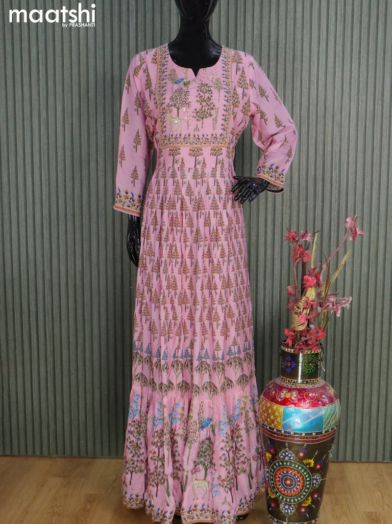 Muslin readymade floor length kurti pastel pink with allover prints & sequin embroidery work neck pattern without pant
