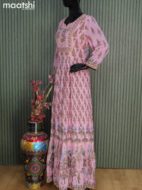 Muslin readymade floor length kurti pastel pink with allover prints & sequin embroidery work neck pattern without pant