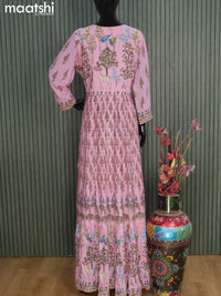 Muslin readymade floor length kurti pastel pink with allover prints & sequin embroidery work neck pattern without pant