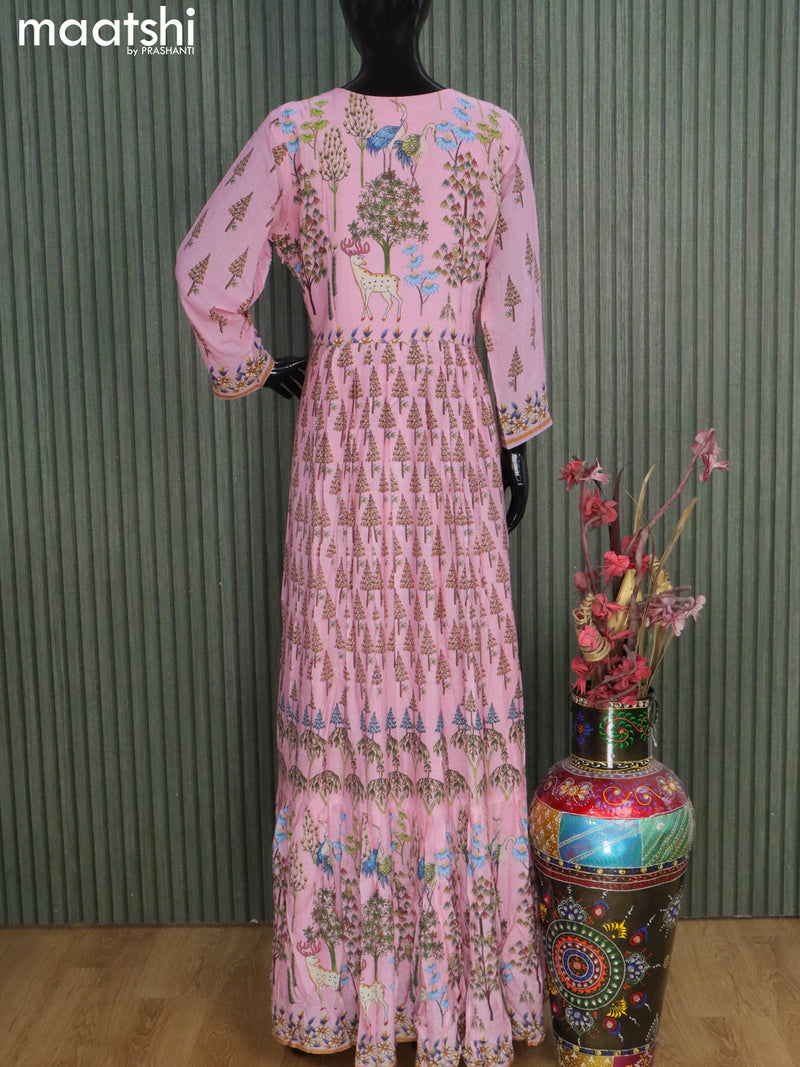 Muslin readymade floor length kurti pastel pink with allover prints & sequin embroidery work neck pattern without pant